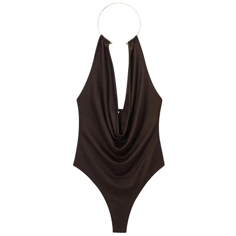 HXAO marron licou body femmes été body pour femmes Sexy épaules nues sans manches string body avec d