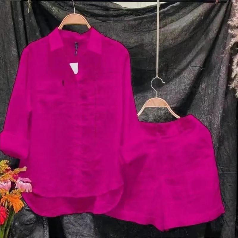 Ensemble d'été 2 pièces en coton et lin pour femmes, chemise et short blancs à manches longues, à la