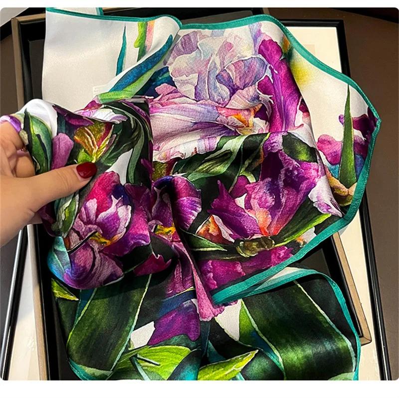 Foulard carré en soie véritable pour femmes, imprimé Floral, châle de luxe, Hijab, bandeau Bandana, 