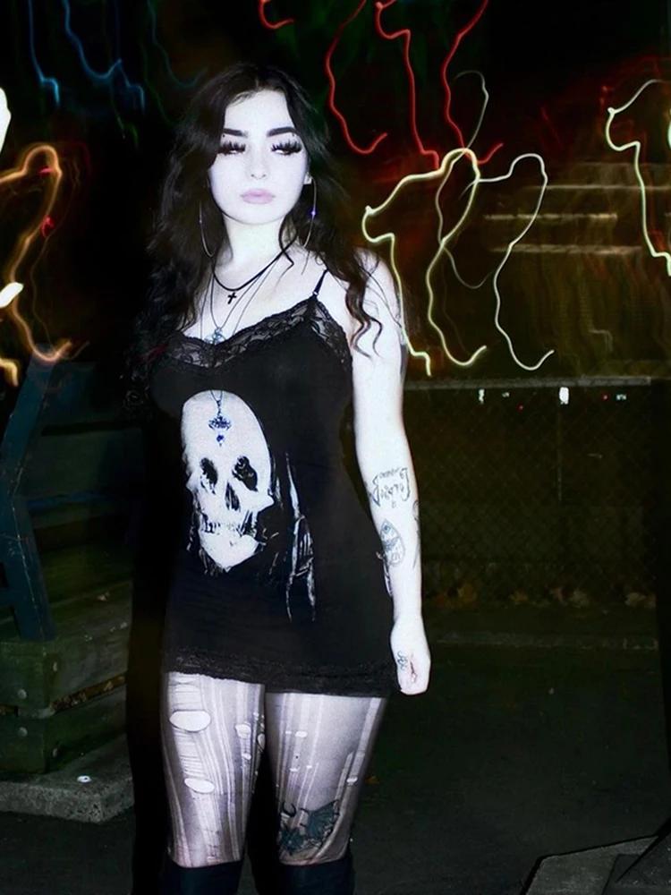 AltGoth Cyber Punk robe gothique femmes Streetwear Harajuku crâne imprimé sans manches taille haute 