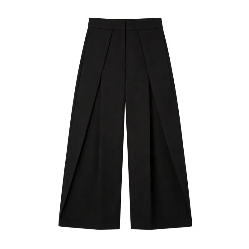 Pantalon Baggy Noir Plissé à Jambes Larges Rayé Décontracté Taille Haute pour Femme Printemps