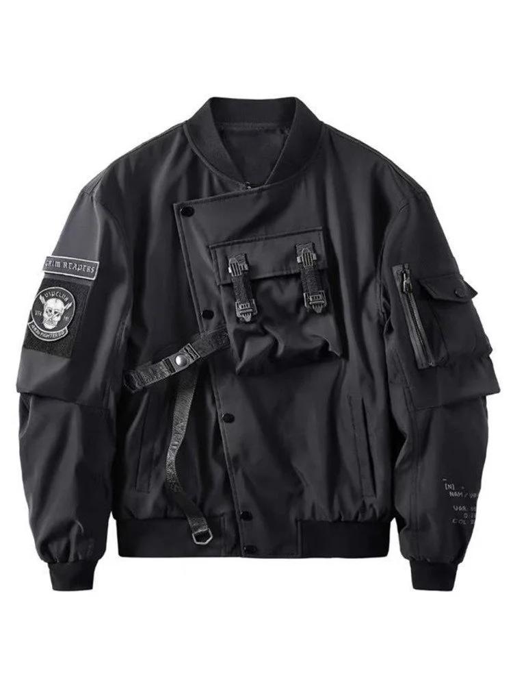 God of Death Bomber Jacket Poitrine Poche Techwear Hommes Punk Hip Hop Tactique Streetwear Noir Vars