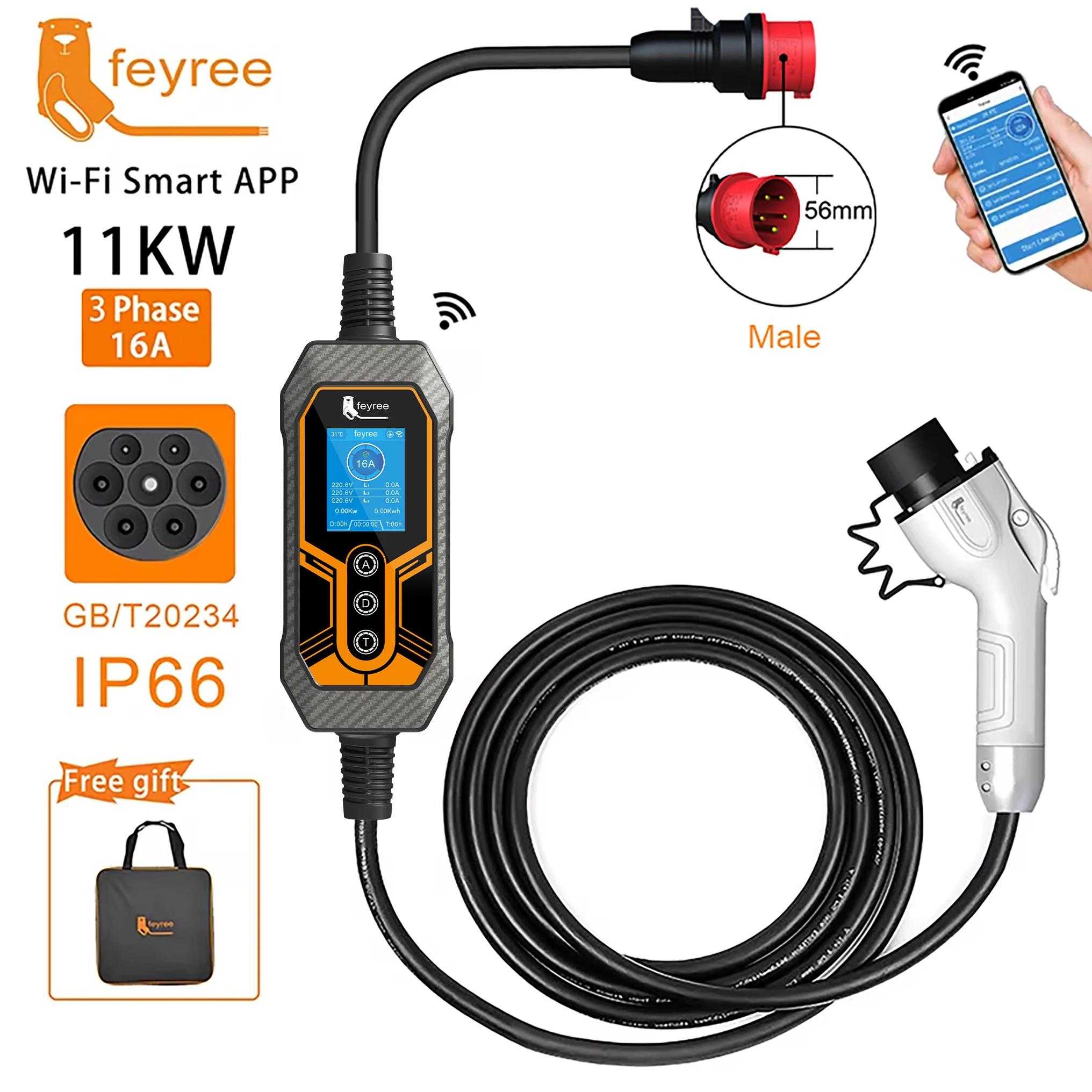 Feyree GB/T chargeur EV Portable 32A 7KW 1 phase APP Version Bluetooth EVSE 11KW 16A câble triphasé 