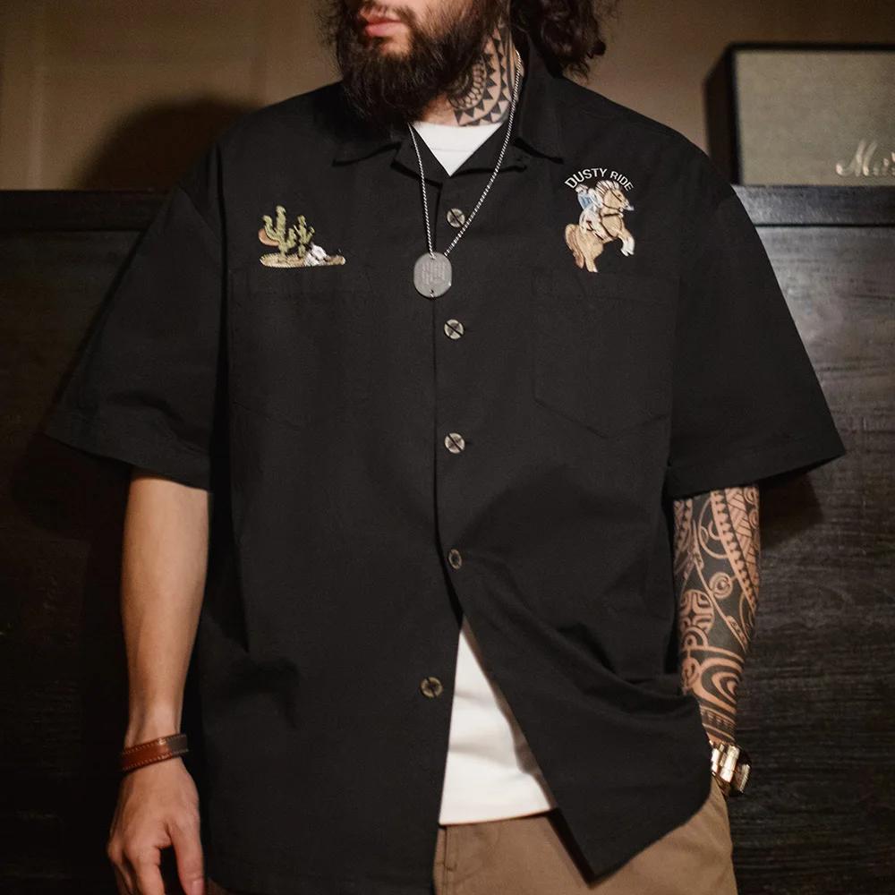 Chemise Maden pour homme, style rétro, col cubain, en coton noir, manches courtes, broderie, chemise