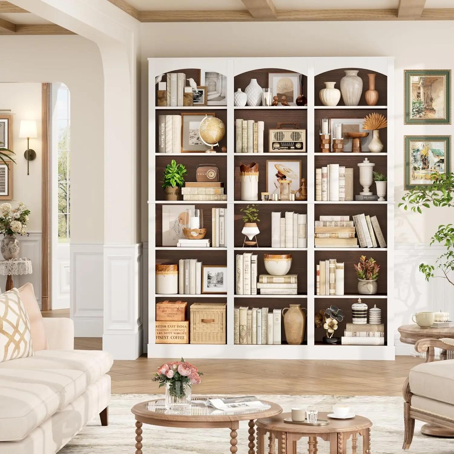 Étagère à livres triple large de 71 pouces, bibliothèque haute à 6 niveaux, grande bibliothèque avec