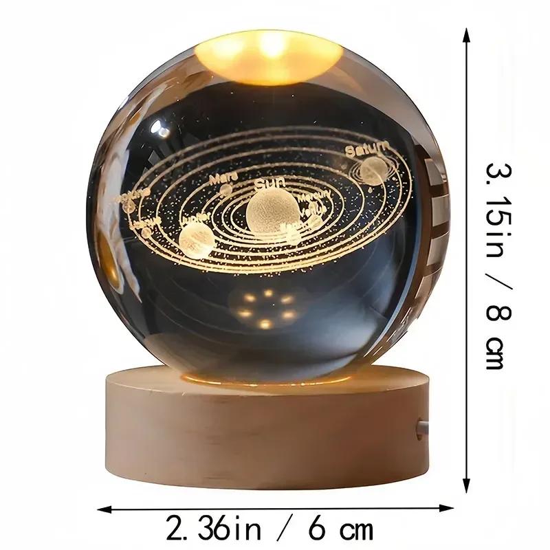 Boule de cristal 3D de 6cm, boule de verre planète terre, Base en bois, système solaire, galaxie, as
