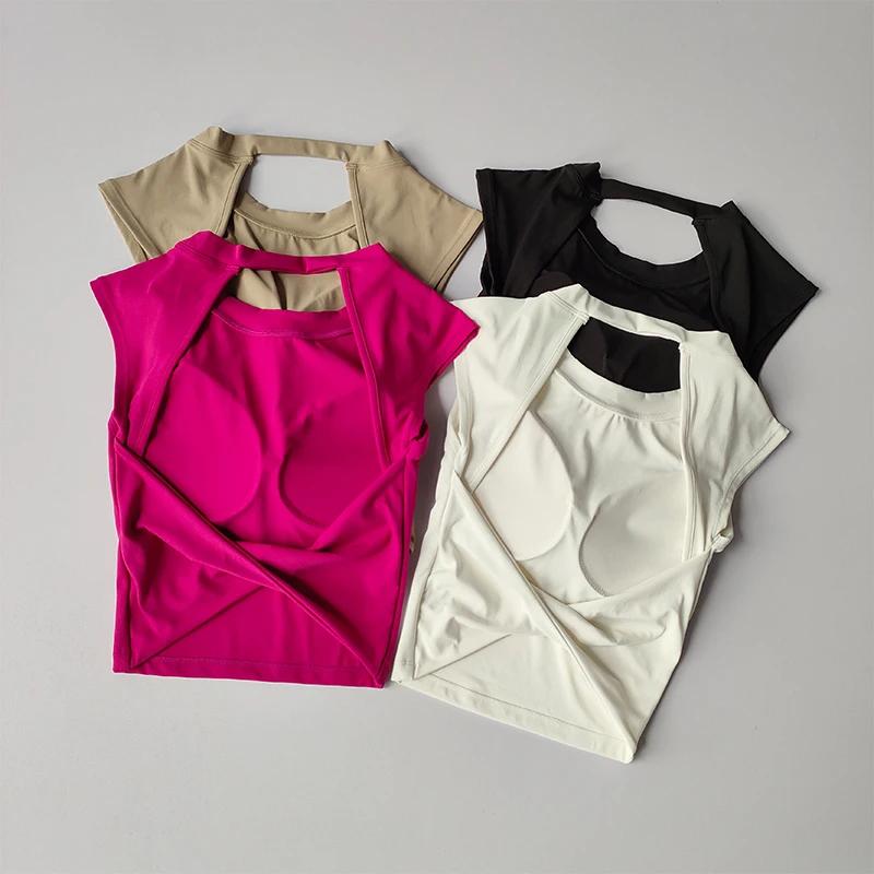 T-shirt de sport dos nu sexy pour femme, coussretours de poitrine, glaçure couvertes, séchage rapide