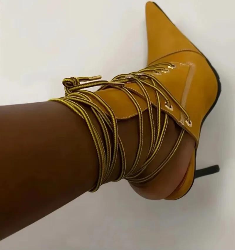 Gladiateur talons Patchwork avant à lacets bottes bout pointu chaussons aiguilles femmes luxe chauss