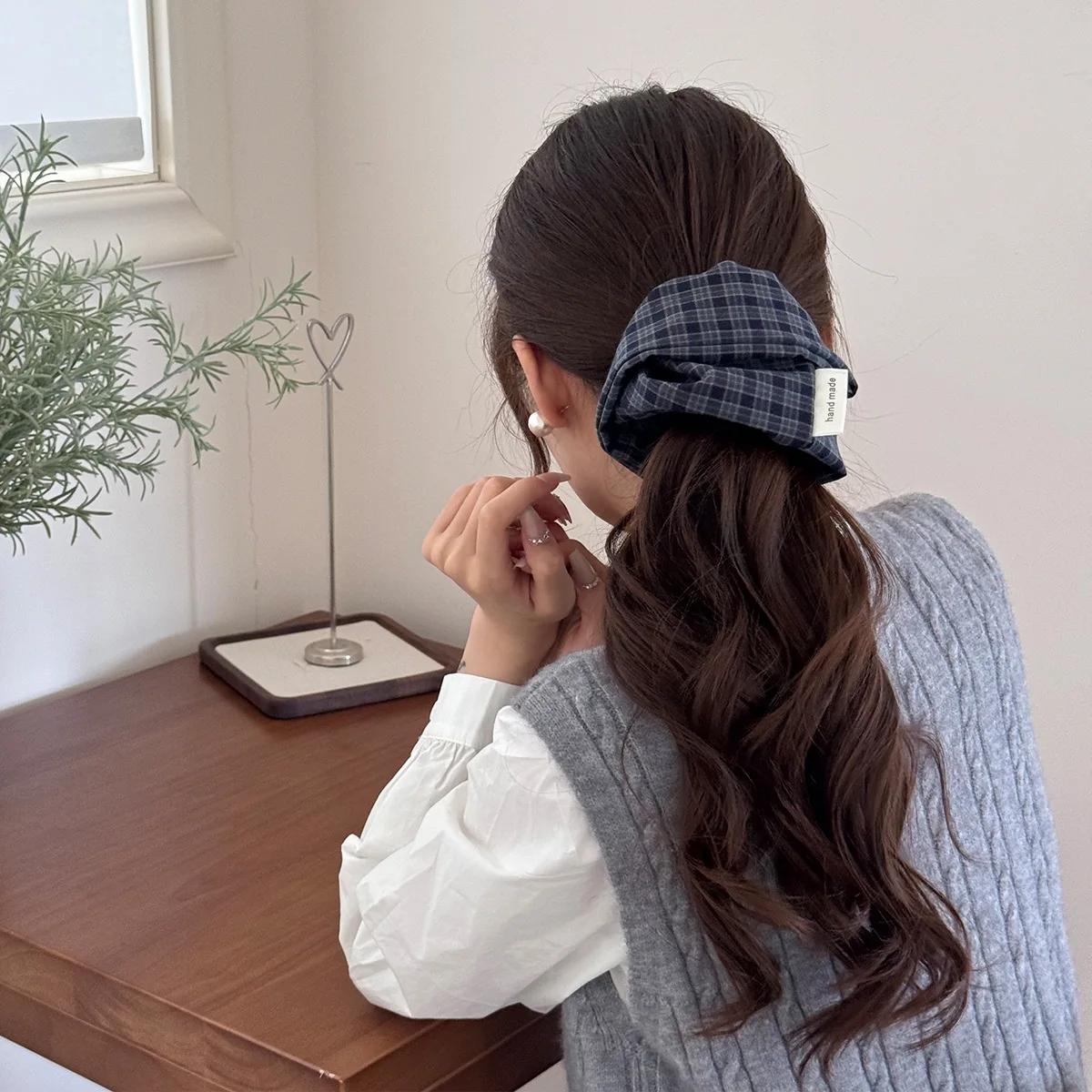 Coréen plaid rétro grand bandeau de cheveux attaché queue de cheval corde chouchous accessoires pour