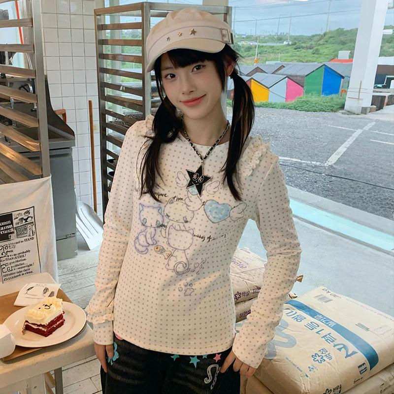Karrram japonais Y2k Anime imprimé tricoté hauts 2000s esthétique à manches longues T-shirt Cutecore