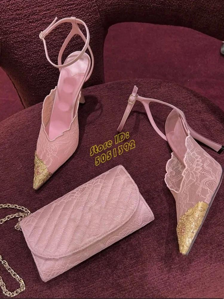 Escarpins sexy à bout pointu en dentelle avec bride de cheville à boucle, talon aiguille, rose et no
