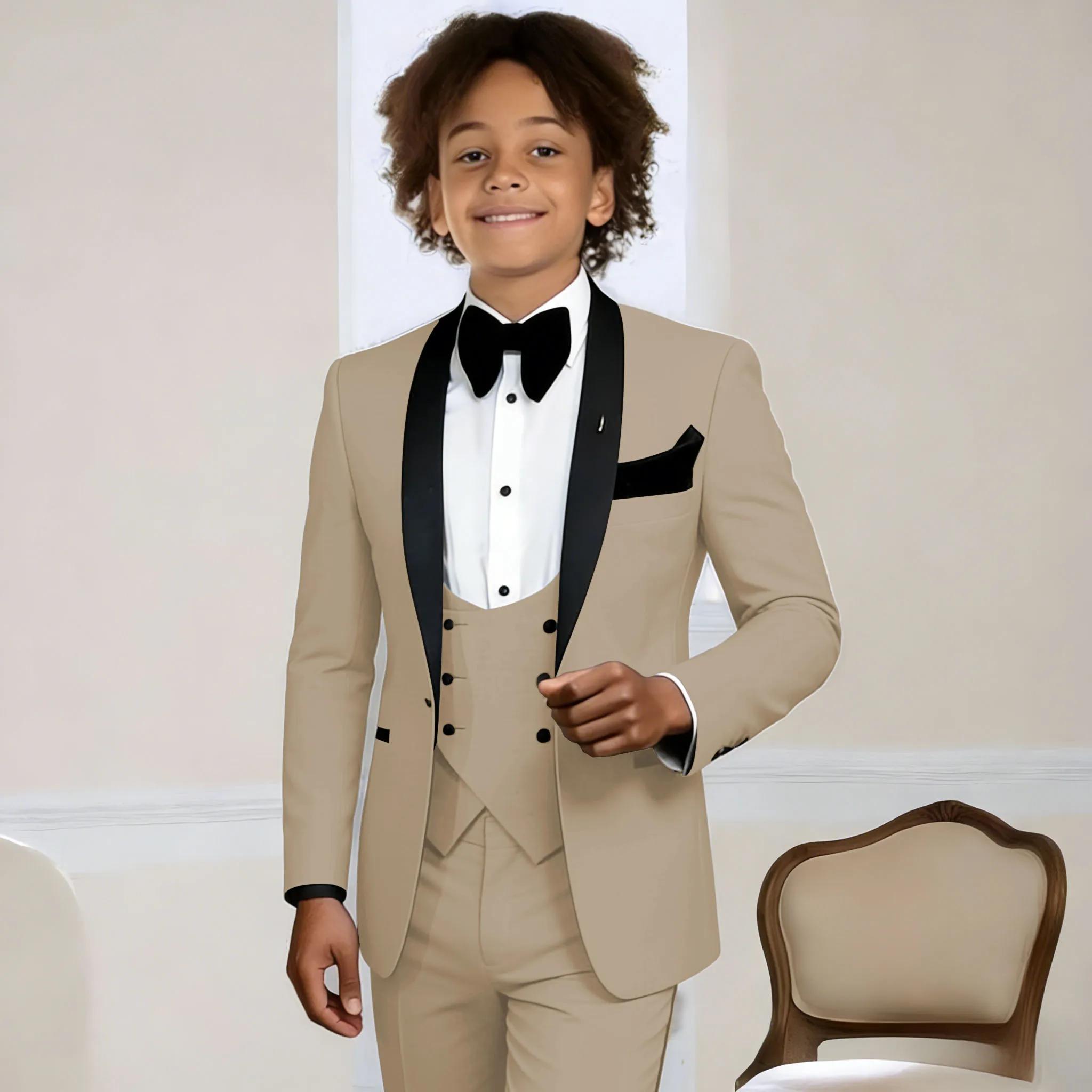 Costume gris clair 3 pièces pour garçons, smoking de mariage pour enfants, veste, pantalon, gilet, r