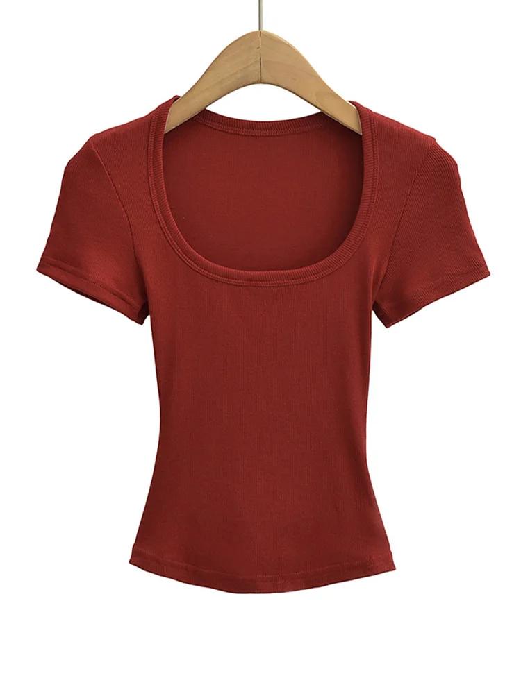 Haut court d'été à col carré pour femmes, haute élasticité, manches courtes, sexy, coupe cintrée, pu