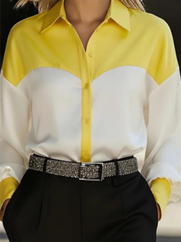 Chemise à manches longues pour femme, col rabattu, bouton, bloc de couleur, patchwork, décontractée,