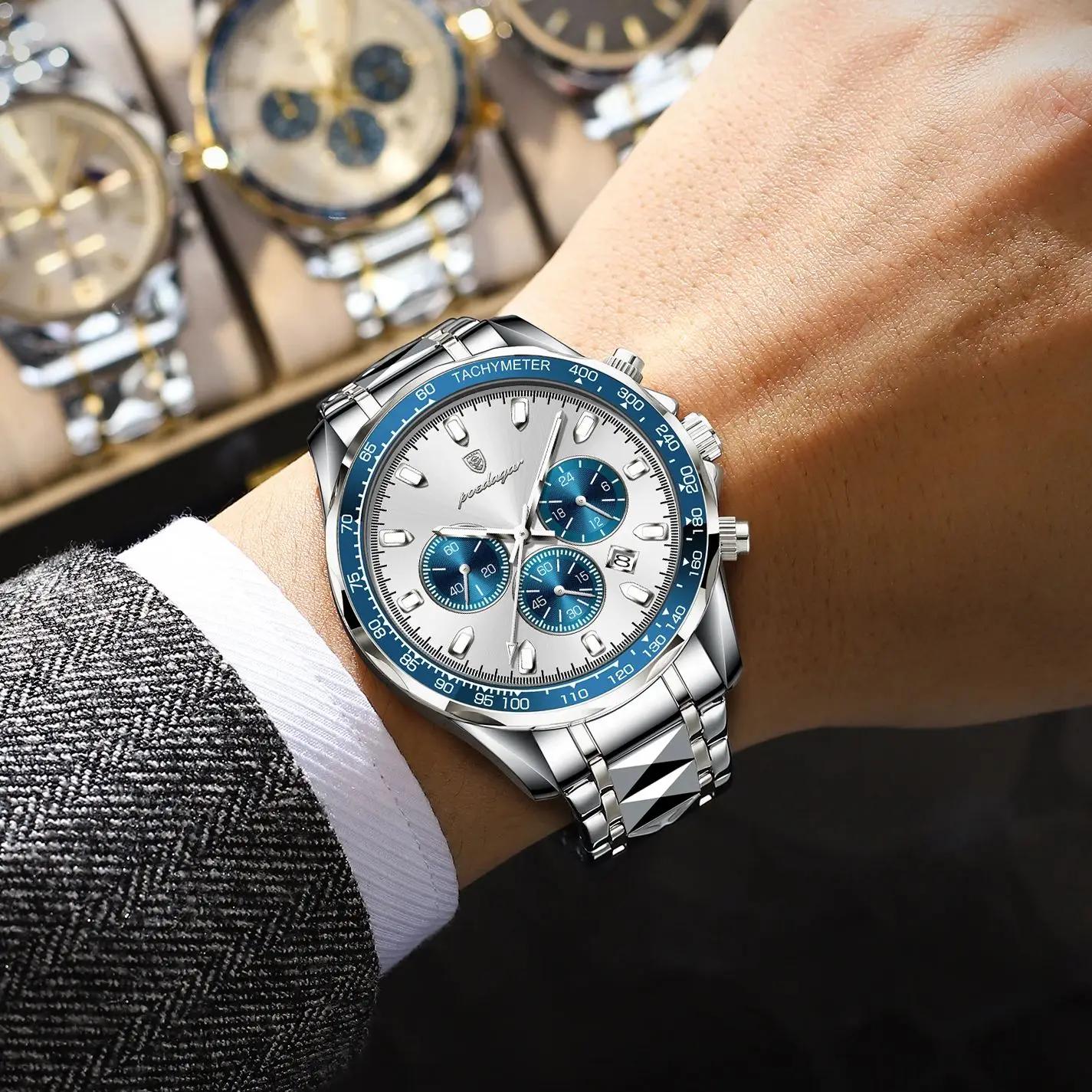 POEDAGAR marque de luxe hommes montre étanche lumineux en acier inoxydable montres pour hommes chron