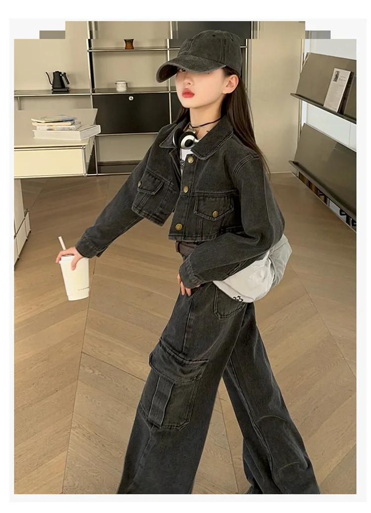 Veste courte à manches longues et jeans à jambes larges pour enfants, olympiques en denim pour fille