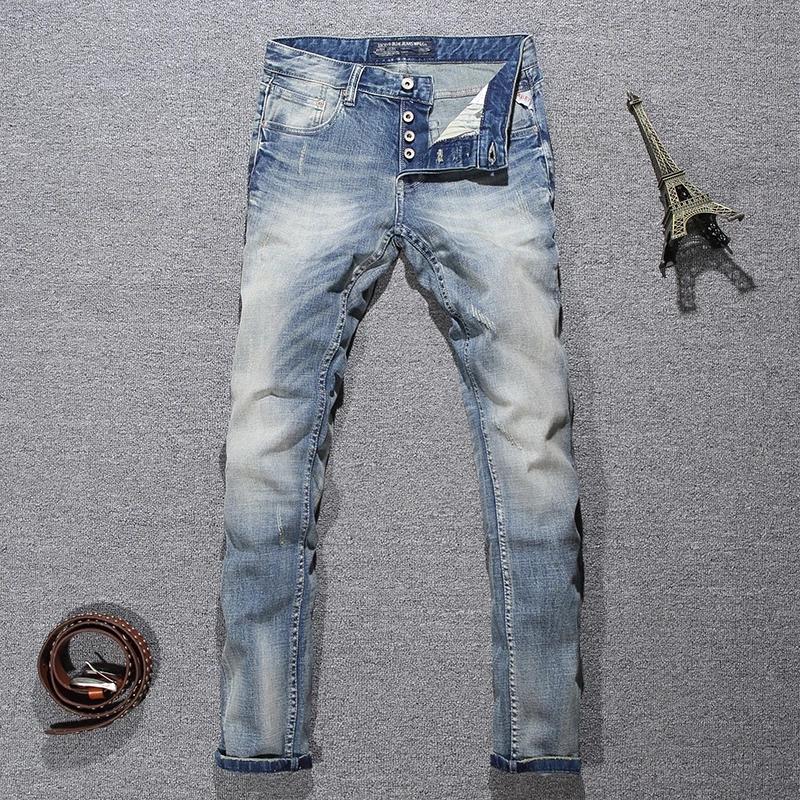 Jeans italiens de créateur pour hommes, coupe slim, style rétro, bleu délavé, brodés, haute qualité,