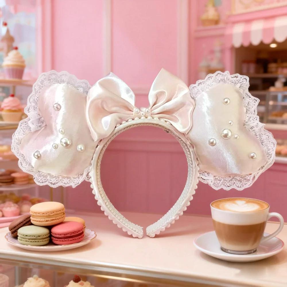 Perle coeur Mickey Mouse oreilles bandeaux dentelle arc bandeaux bandeau fête d'anniversaire Hallowe