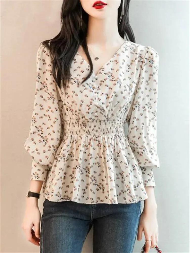 Chemise à col en V à boutons perlés pour femmes, chemise florale rétro, tunique, chemisiers à manche