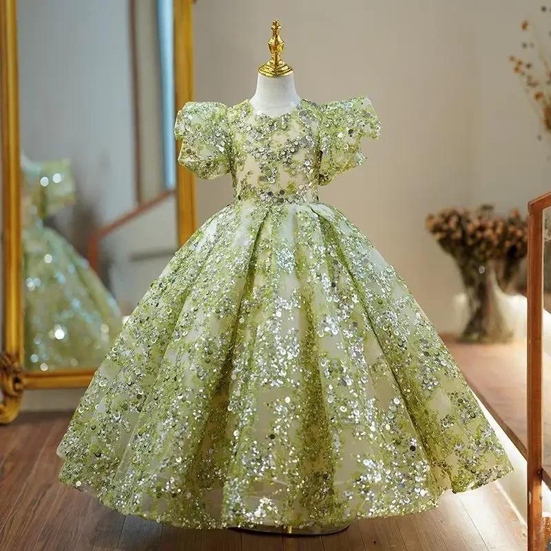 Robes de soirée pour enfants, robes de bal élégantes pour filles, manches à bulles, paillettes, robe