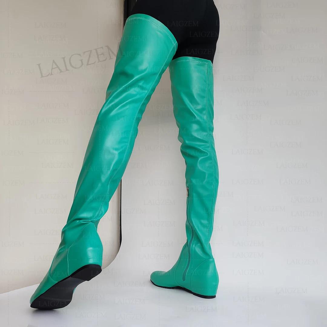 LAIGZEM femmes cuissardes en Faux cuir bout rond fermeture éclair latérale mi talons cachés bottes d