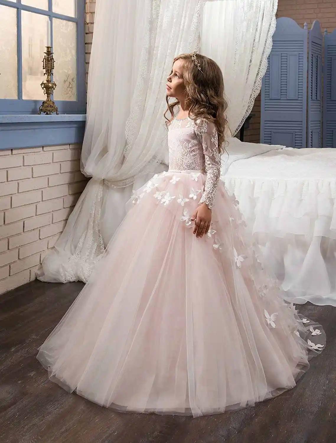Robe de mariée élégante et ravissante pour fille de fleur, robe de bal en dentelle à manches longues