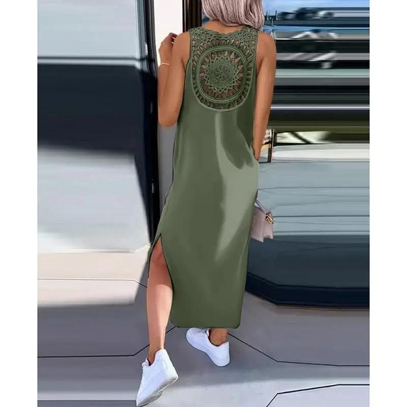 Robe d'été sans manches, ajourée, Sexy, ample, mode, fente unie, robes décontractées, col rond, mi-l
