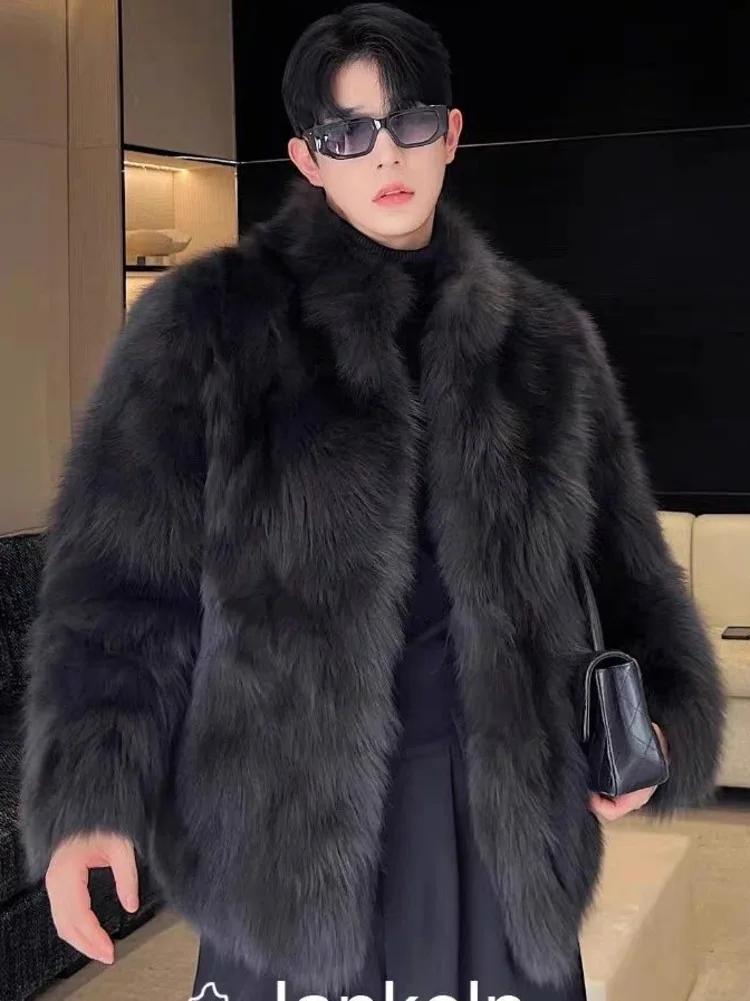 Imitation de fourrure épaissie hommes fausse fourrure de renard manteau mâle chaud pardessus à manch
