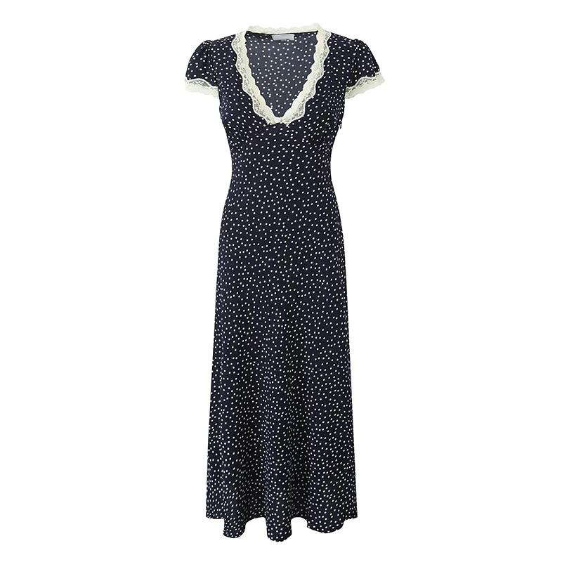 YENKYE-Robe longue bleu marine à pois pour femmes, bordure en dentelle, col en V, manches courtes, l