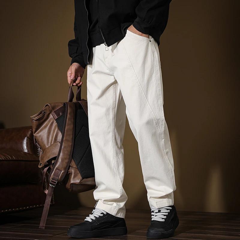Pantalon drapé rétro américain blanc cassé pour homme, streetwear printemps/été, grande taille 40, p