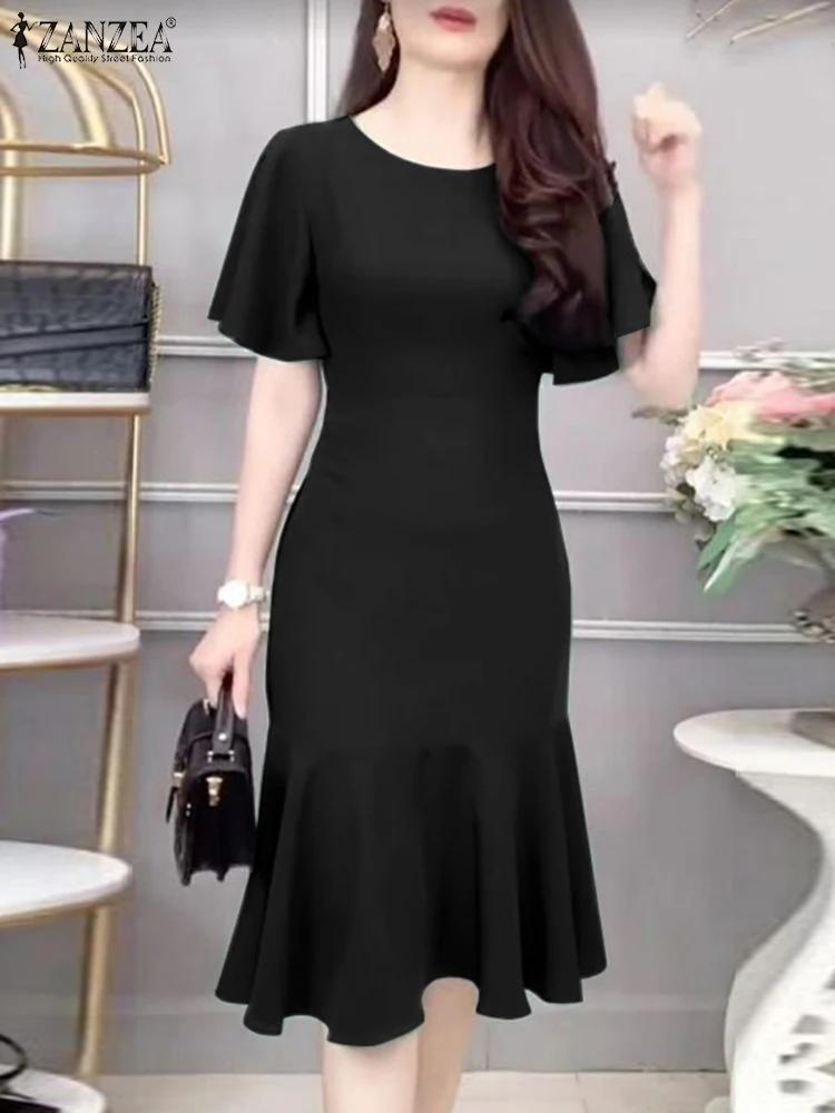 ZANZEA – Robe sirène élégante pour femmes, mode, manches courtes, col rond, ourlet à volants, ajusté