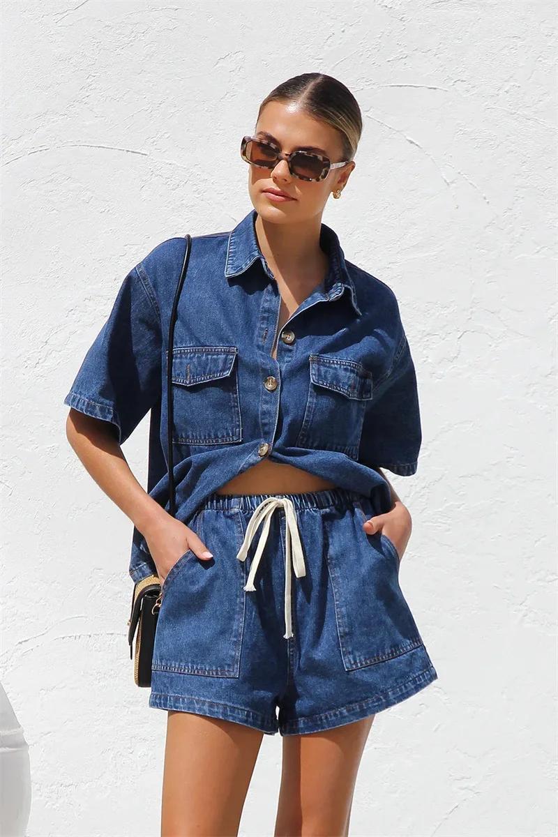 Costumes en denim vintage High Street pour femmes, manches courtes, chemise boutonnée confortable, e