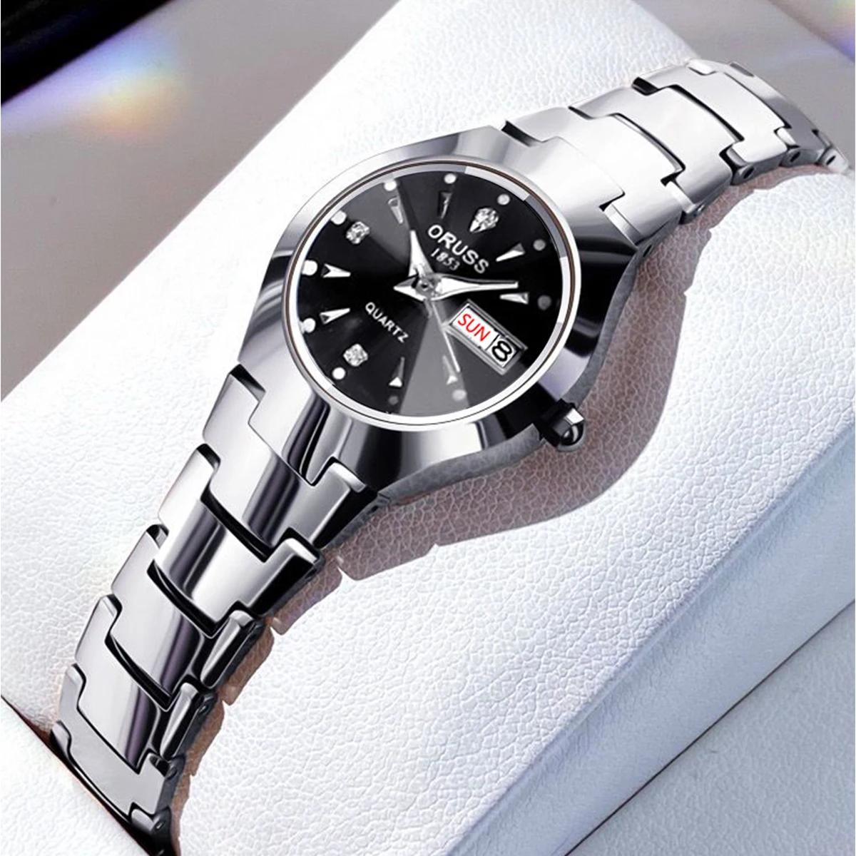 ORUSS-Montre de couple étanche pour hommes et femmes, quartz, acier inoxydable, date, semaine, horlo