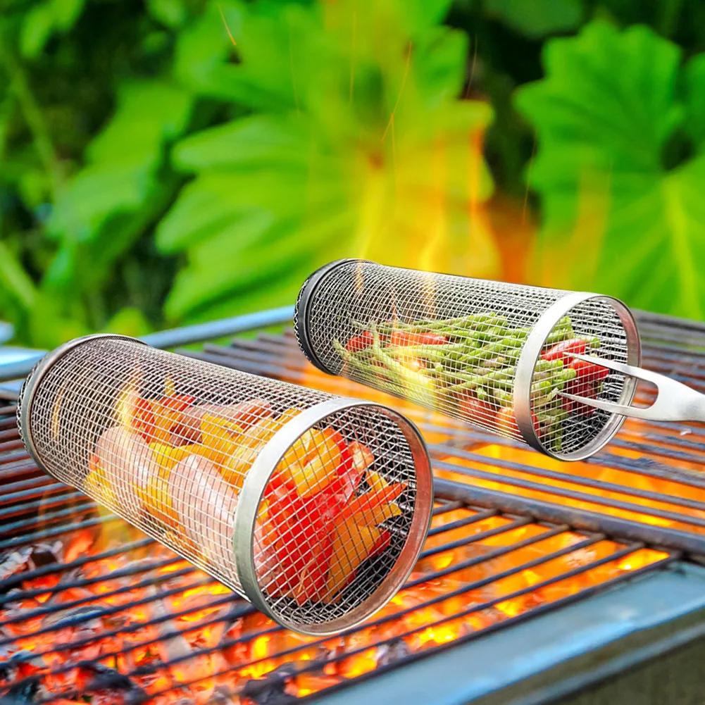 Panier à grillades roulant en acier inoxydable, panier à gril en maille Portable pour Camping en ple
