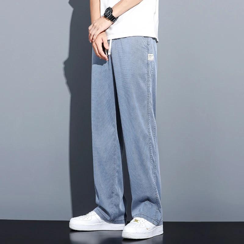 Jean d'été en tissu Lyocell doux pour homme, coupe droite ample, taille élastique avec cordon de ser
