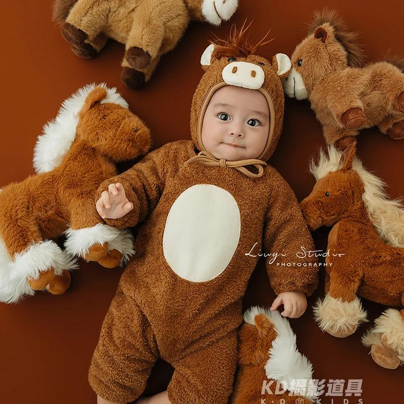 Tenue de photographie pour nouveau-né en forme de cheval avec accessoires en peluche, adorable ensem