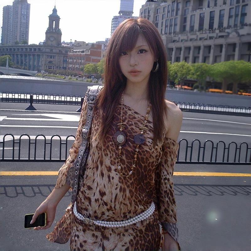 Karrram – robe japonaise Y2k imprimé léopard, Style Trashy des années 2000, épaules dénudées, Vintag