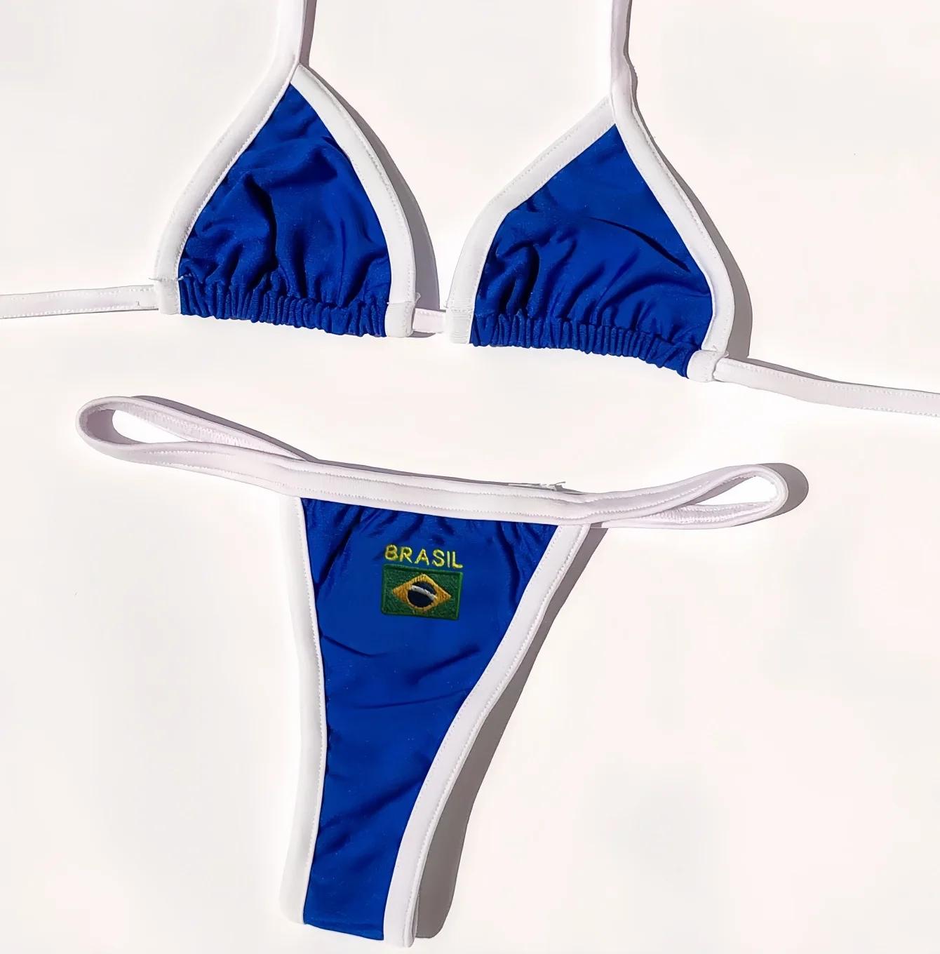 RUOTONSEPT Sexy broderie drapeau du brésil contraste fendu Bikini ensemble femmes maillots de bain P