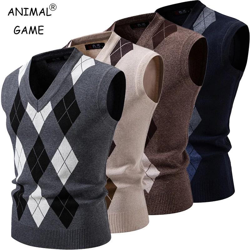 Nouveaux hommes Argyle tricots gilet col en V sans manches décontracté coupe ajustée pull tricoté pu