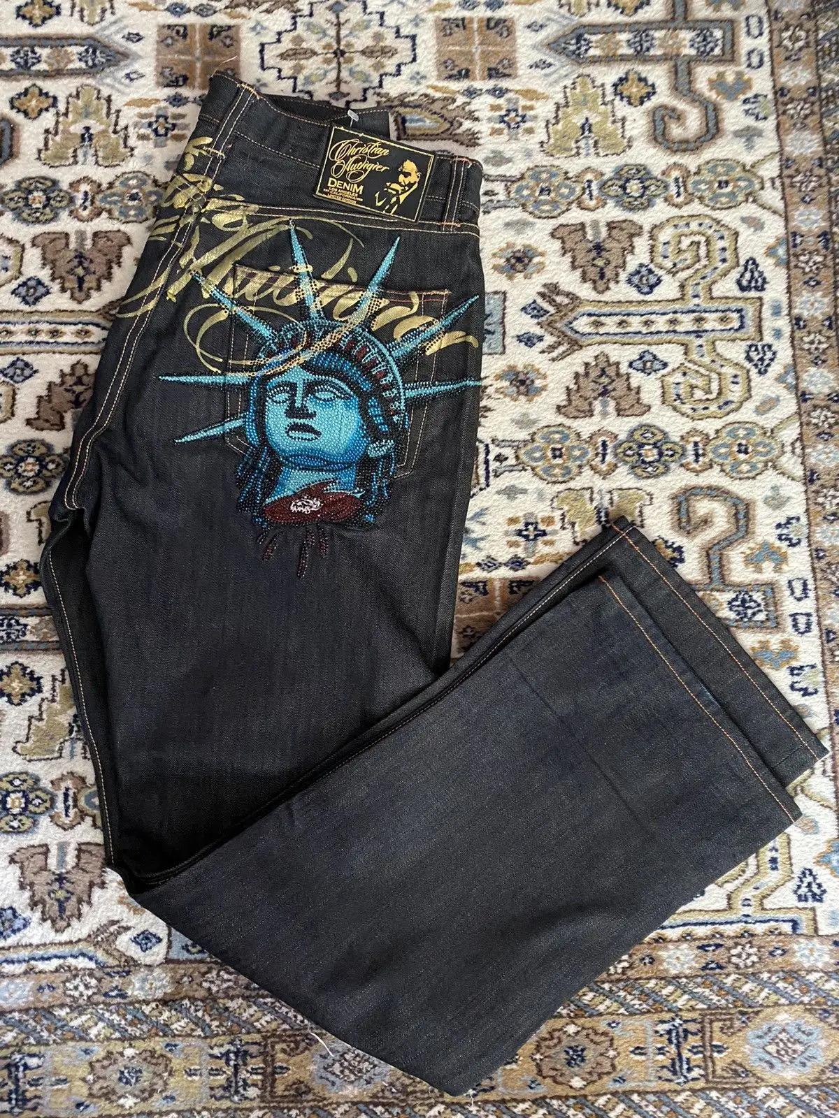Jean décontracté vintage années 2000 avec motif Statue de la Liberté et diamants, taille haute, coup