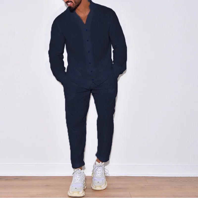 Ensemble chemise respirante à manches longues pour hommes, 100% coton, couleur unie, pantalon décont