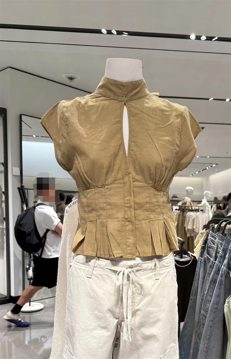 Chemise Femme Été 2026 Nouvelle Collection Kaki Manches Courtes Nœud Décoratif Ourlet Creux Style Dé