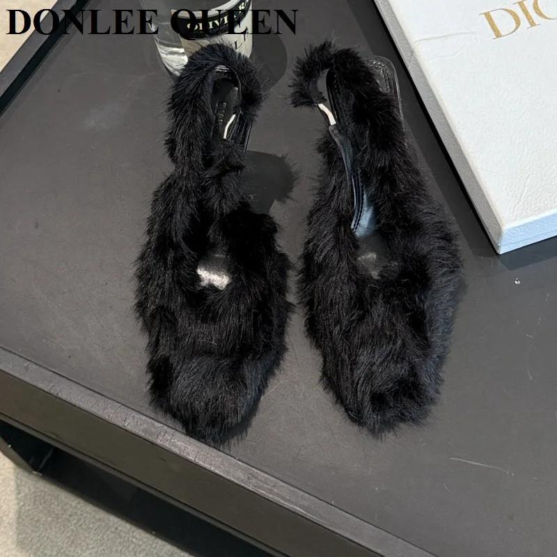 Sandales pointues à bride arrière pour femmes, chaussures à talons hauts, conception de fourrure à e