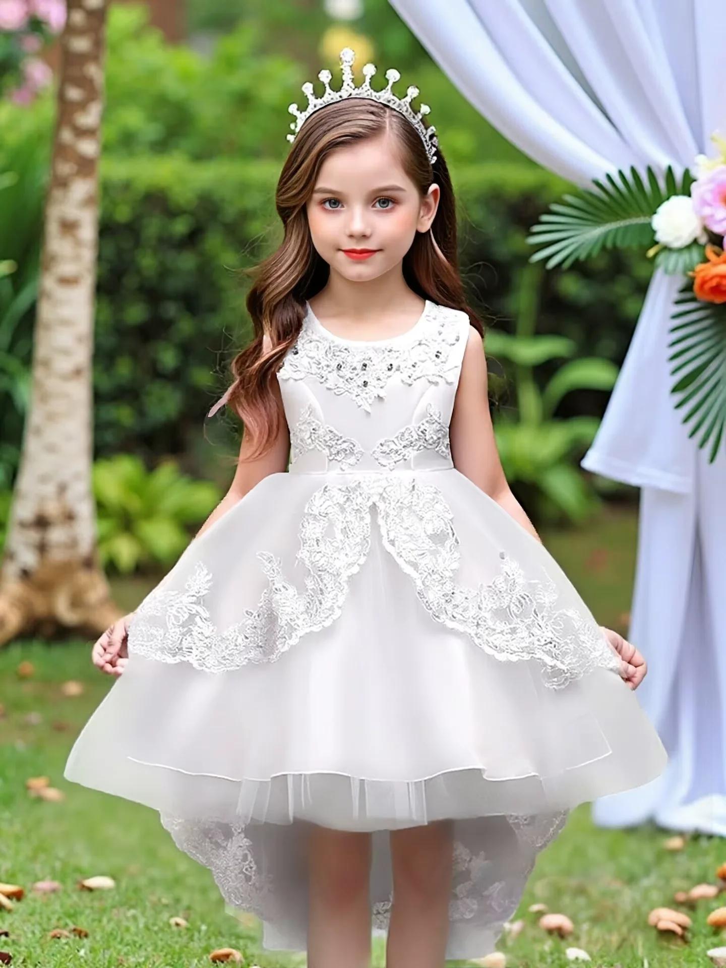 Robe cérémonie fille dentelle perles 2026 - Tenue princesse brodée toutes saisons enfants