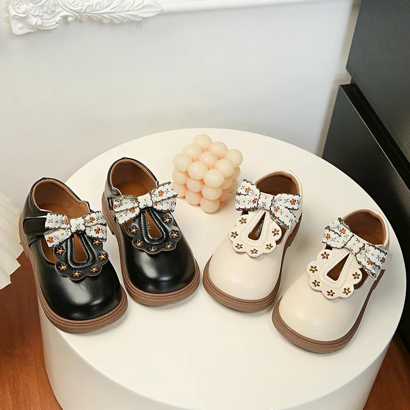 Chaussures en cuir avec nœud mignon pour filles, Oxfords à lanières en T, souples, pour enfants d'éc