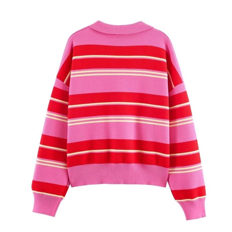 Pull en maille rayé rose et rouge - Haut ample à col rabattu et manches longues pour femme, tenue dé