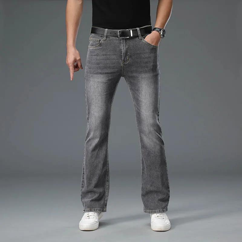 Jeans évasés en denim pour hommes, jeans stretch taille mi-haute pour hommes, jeans gris