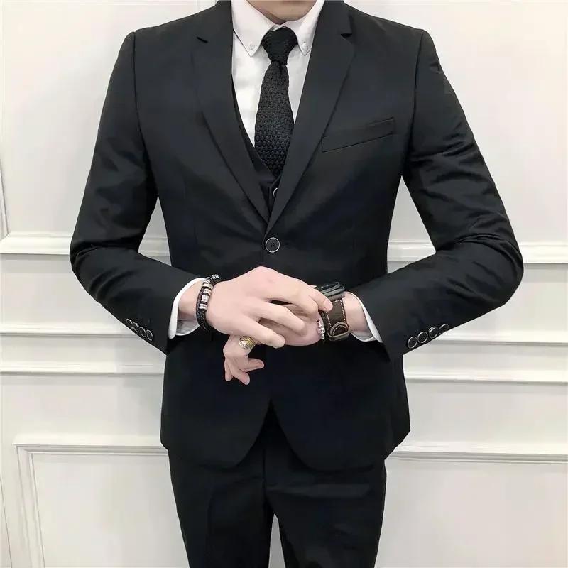 Costume (Blazer + gilet + pantalon) pour hommes, mode affaires, tendance en plein air, couleur unie,
