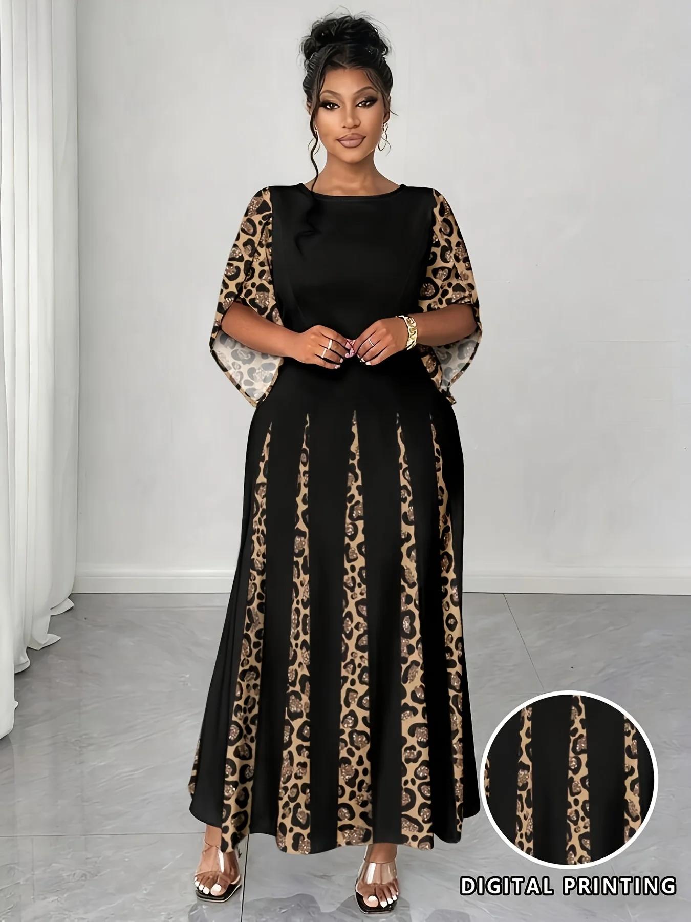 Robe maxi élégante à imprimé léopard, robe longue à manches longues tendance grande taille, vêtement