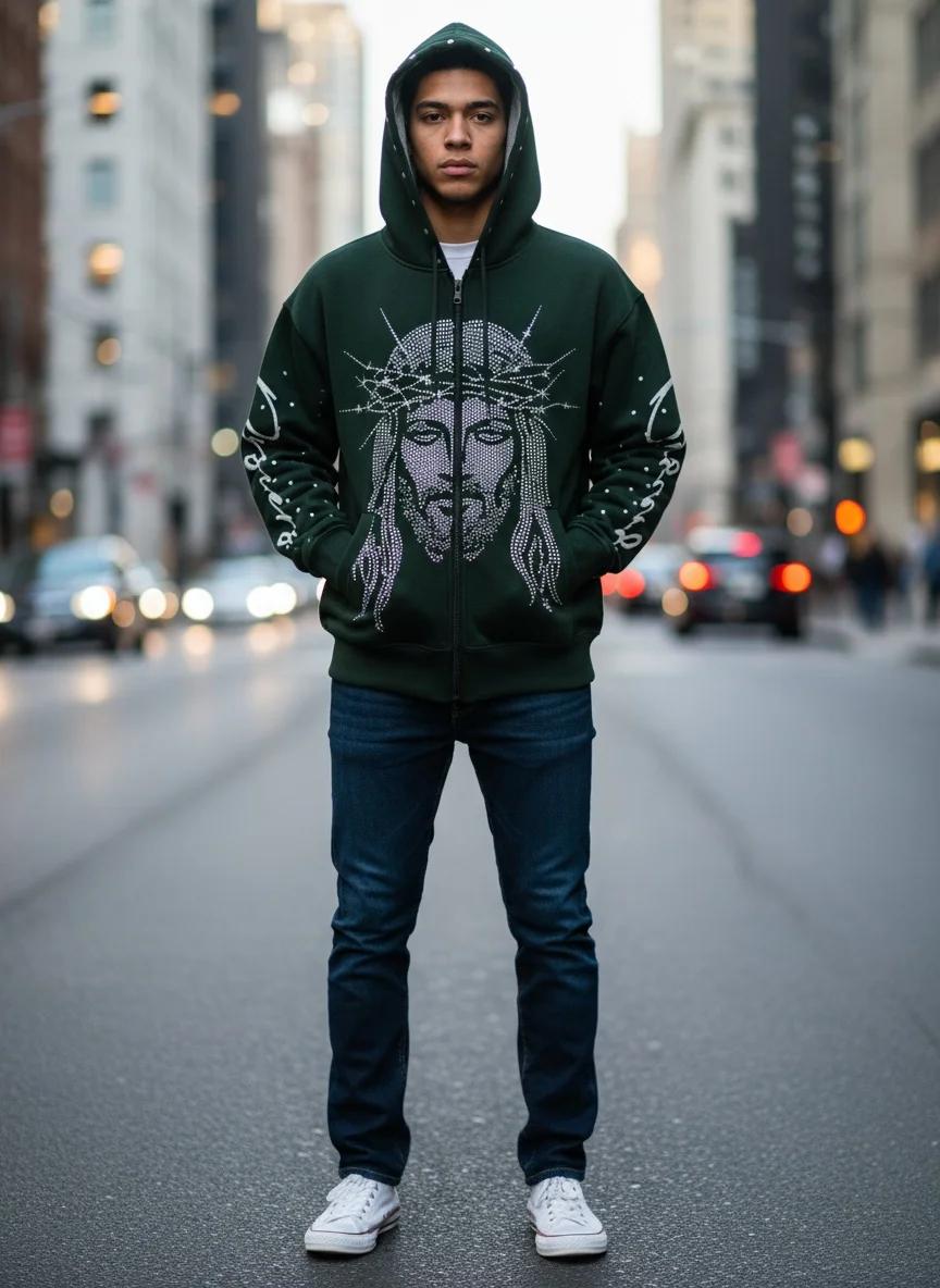 Un sweat à capuche ample avec un motif tridimensionnel de figures incrustées de diamants dans le sty
